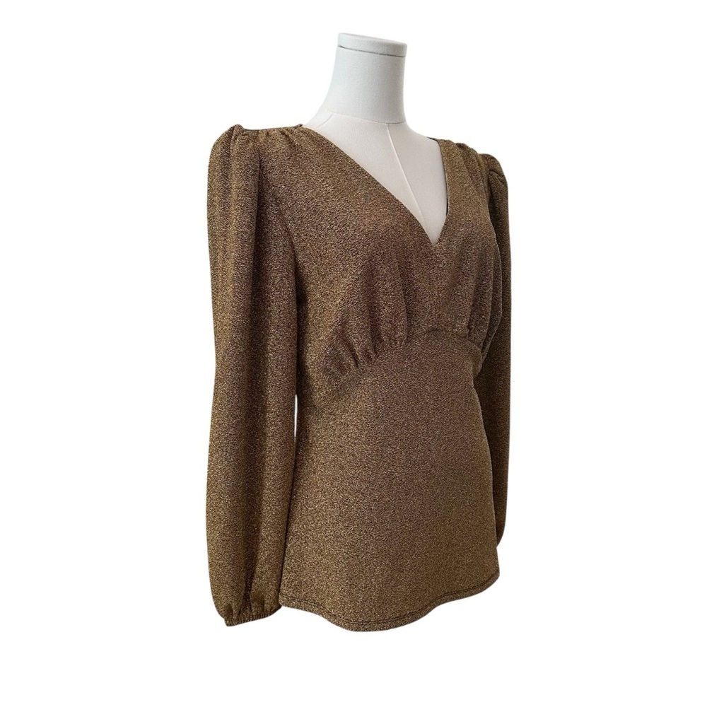 Women's Small Fitted Metallic Gold Shimmer Party Cocktail Puff Shoulder Top - Picture 4 of 5